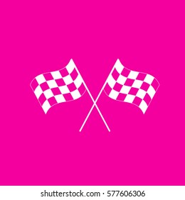 Crossed checkered flags logo waving in the wind conceptual of motor sport. White icon at magenta background.