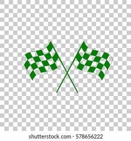 Crossed checkered flags logo waving in the wind conceptual of motor sport. Dark green icon on transparent background.