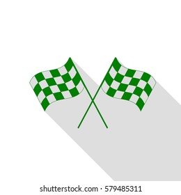 Crossed checkered flags logo waving in the wind conceptual of motor sport. Green icon with flat style shadow path.