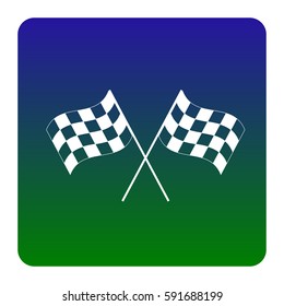 Crossed checkered flags logo waving in the wind conceptual of motor sport. Vector. White icon at green-blue gradient square with rounded corners on white background. Isolated.