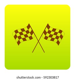 Crossed checkered flags logo waving in the wind conceptual of motor sport. Vector. Brown icon at green-yellow gradient square with rounded corners on white background. Isolated.