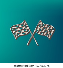 Crossed checkered flags logo waving in the wind conceptual of motor sport. Vector. Icon printed at 3d on sea color background.