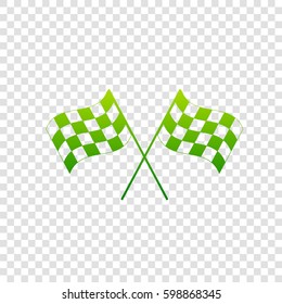 Crossed checkered flags logo waving in the wind conceptual of motor sport. Vector. Green gradient icon on transparent background.