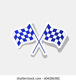 Crossed checkered flags logo waving in the wind conceptual of motor sport. Vector. New year bluish icon with outside stroke and gray shadow on light gray background.