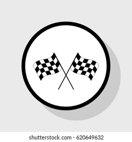 Crossed checkered flags logo waving in the wind conceptual of motor sport. Vector. Flat black icon in white circle with shadow at gray background.