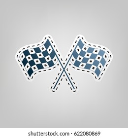 Crossed checkered flags logo waving in the wind conceptual of motor sport. Vector. Blue icon with outline for cutting out at gray background.