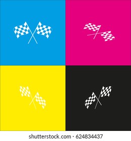 Crossed checkered flags logo waving in the wind conceptual of motor sport. Vector. White icon with isometric projections on cyan, magenta, yellow and black backgrounds.
