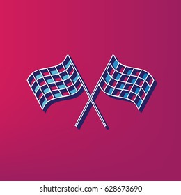 Crossed checkered flags logo waving in the wind conceptual of motor sport. Vector. Blue 3d printed icon on magenta background.