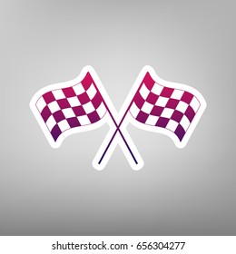 Crossed checkered flags logo waving in the wind conceptual of motor sport. Vector. Purple gradient icon on white paper at gray background.