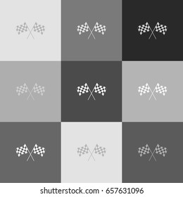 Crossed checkered flags logo waving in the wind conceptual of motor sport. Vector. Grayscale version of Popart-style icon.