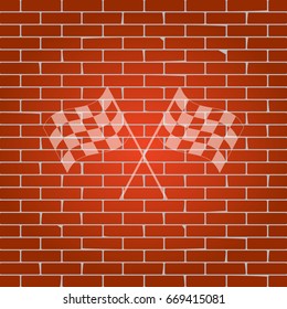 Crossed checkered flags logo waving in the wind conceptual of motor sport. Vector. Whitish icon on brick wall as background.