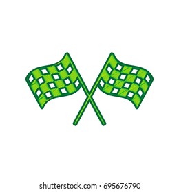 Crossed checkered flags logo waving in the wind conceptual of motor sport. Vector. Lemon scribble icon on white background. Isolated