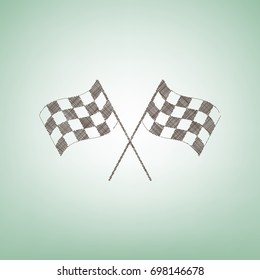 Crossed checkered flags logo waving in the wind. Vector. Brown flax icon on green background with light spot at the center.