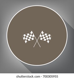 Crossed checkered flags logo waving in the wind conceptual of motor sport. Vector. White icon on brown circle with white contour and long shadow at gray background. Like top view on postament.
