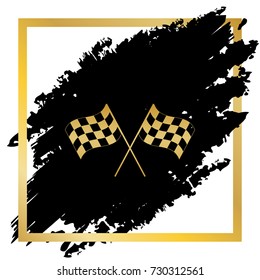 Crossed checkered flags logo waving in the wind conceptual of motor sport. Vector. Golden icon at black spot inside golden frame on white background.