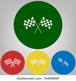 Crossed checkered flags logo waving in the wind conceptual of motor sport. Vector. 4 white styles of icon at 4 colored circles on light gray background.