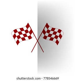 Crossed checkered flags logo waving in the wind conceptual of motor sport. Vector. Bordo icon on white bending paper background.