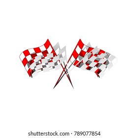 Crossed checkered flags logo waving in the wind conceptual of motor sport. Vector. Detachable paper icon with red body stock. Isolated.