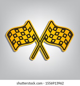 Crossed checkered flags. Motor sport. Flat orange icon with overlapping linear black icon with gray shadow at whitish background. Illustration.