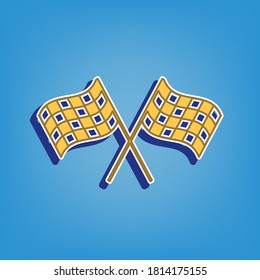 Crossed checkered flags. Motor sport. Golden Icon with White Contour at light blue Background. Illustration.