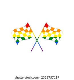 Crossed checkered flags. Motor sport. Rainbow gay LGBT rights colored Icon at white Background. Illustration.