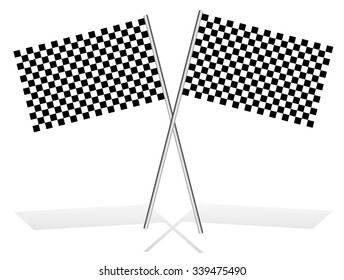 Crossed checkered racing flags on white, with shadow