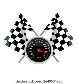 Crossed checkered racing flags and speedometer isolated on white background. Racing championship. Vector illustration