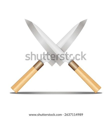 Crossed chef Japanese knives with sharp silver blades and wooden handles, realistic 3d vector clipart objects isolated on white background, kitchen equipment, or culinary competition poster.