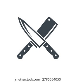 Crossed chef knife and meat cleaver silhouette.
