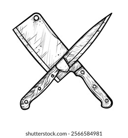 Crossed chef's knife and kitchen cleaver - hand-drawn vector illustration, sketch