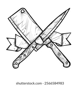 Crossed chef's knife and kitchen cleaver - hand-drawn vector illustration, sketch