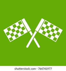 Crossed chequered flags icon white isolated on green background. Vector illustration