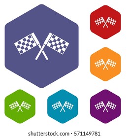 Crossed chequered flags icons set rhombus in different colors isolated on white background