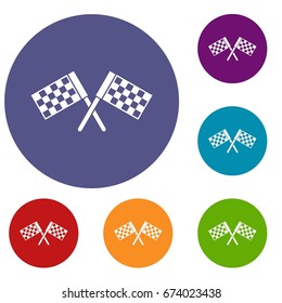 Crossed chequered flags icons set in flat circle reb, blue and green color for web