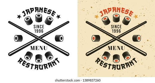 Crossed chopsticks and sushi rolls vintage badge, emblem, label or logo in two styles black and colored vector illustration