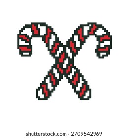 Crossed Christmas Candy Canes Pixel Art Vector Icon