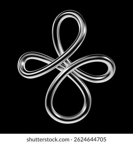 Crossed chrome 3D loop form with reflective metallic surface in Y2K style. Abstract symmetric twisted shape with glossy silver contour. Isolated futuristic design object for digital projects.
