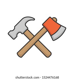 Crossed claw hammer and axe icon, Construction hardware symbol, Woodworking sign