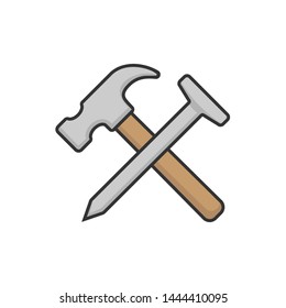 Crossed claw hammer and construction nail icon, Construction hardware symbol