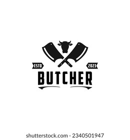 Crossed Cleaver Knife with Angus Head for butcher shop label logo design in retro vintage style