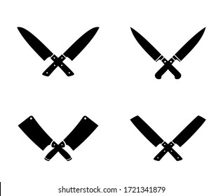 Crossed cleavers knives. Cleaver knife stamping vector illustration, chopping kitchen tools cross black icons, lumberjack and butcher cooking logo graphics