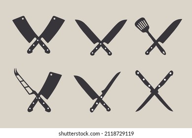 Crossed cleavers knives. Kitchen tools. Design elements for menu, poster, emblem, sign. Vector 