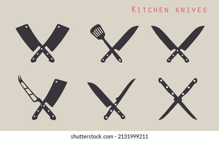 Cuchillos limpiadores cruzados. Herramientas de cocina. Elementos de diseño para menú, afiche, emblema, signo. Vector 