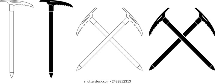 crossed climbing ice axe icon set