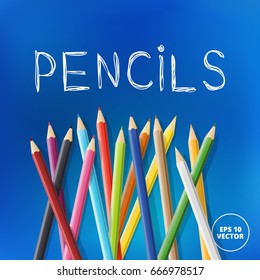 Crossed colored pencils. White lettering on blue background. Vector illustration