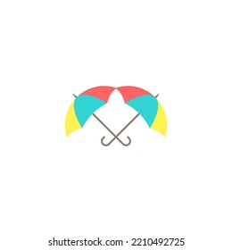 Crossed colorful funny umbrellas. Flat icon isolated on white. Flat design. Vector illustration. protection symbol. Rainy weather sign. Happiness, luck. Positive, creative thinking