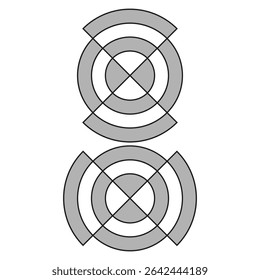 Crossed concentric rings. Vector target shape. Gray circle geometry. Overlapping radial form.