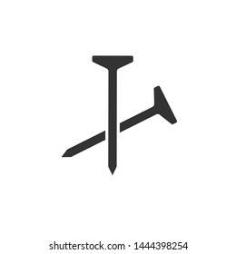 Crossed construction nails, isolated silhouette icon