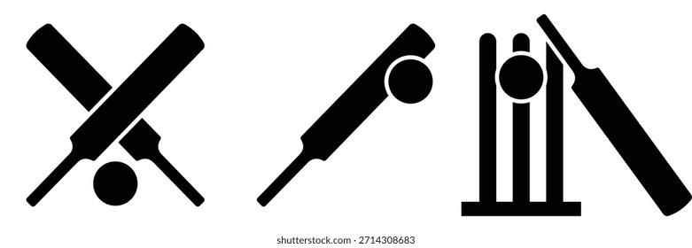 Crossed Cricket Bat and Ball Icon Set – Sports Equipment Silhouette Vector Collection	
