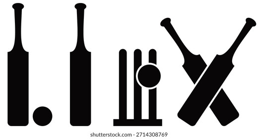 Crossed Cricket Bat and Ball Icon Set – Sports Equipment Silhouette Vector Collection	